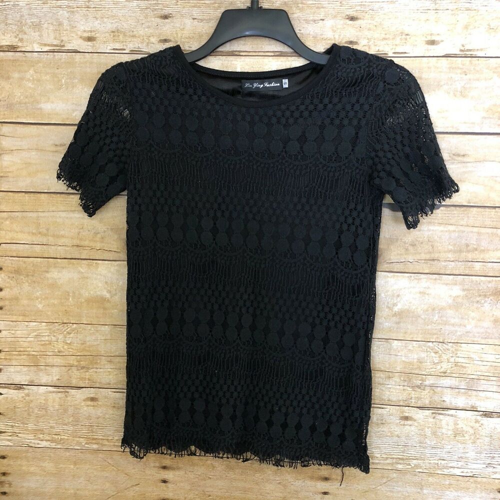 Black Short Sleeve Dotted Lace Overlay Blouse - Size Small - Y2K Whimsygoth
